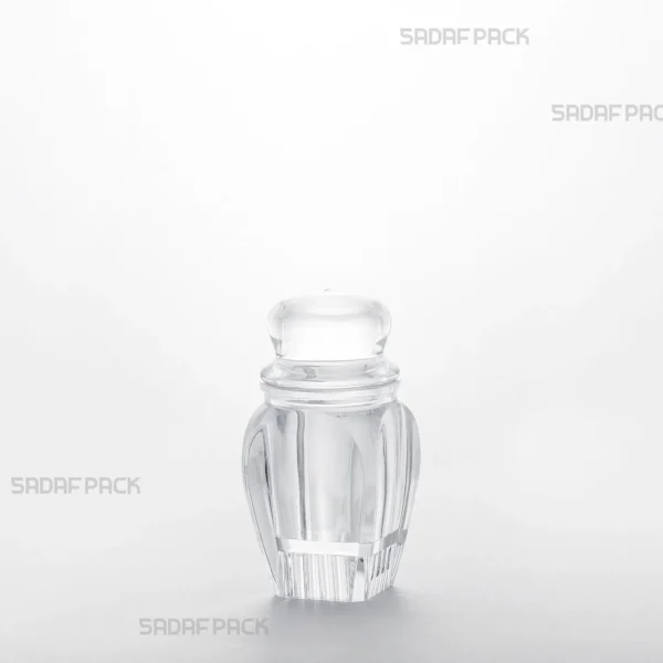 ظرف کریستالی گوهر کوچک کف بالا صدف پک، نمای سه رخ از بدنه شفاف و درب کریستالی