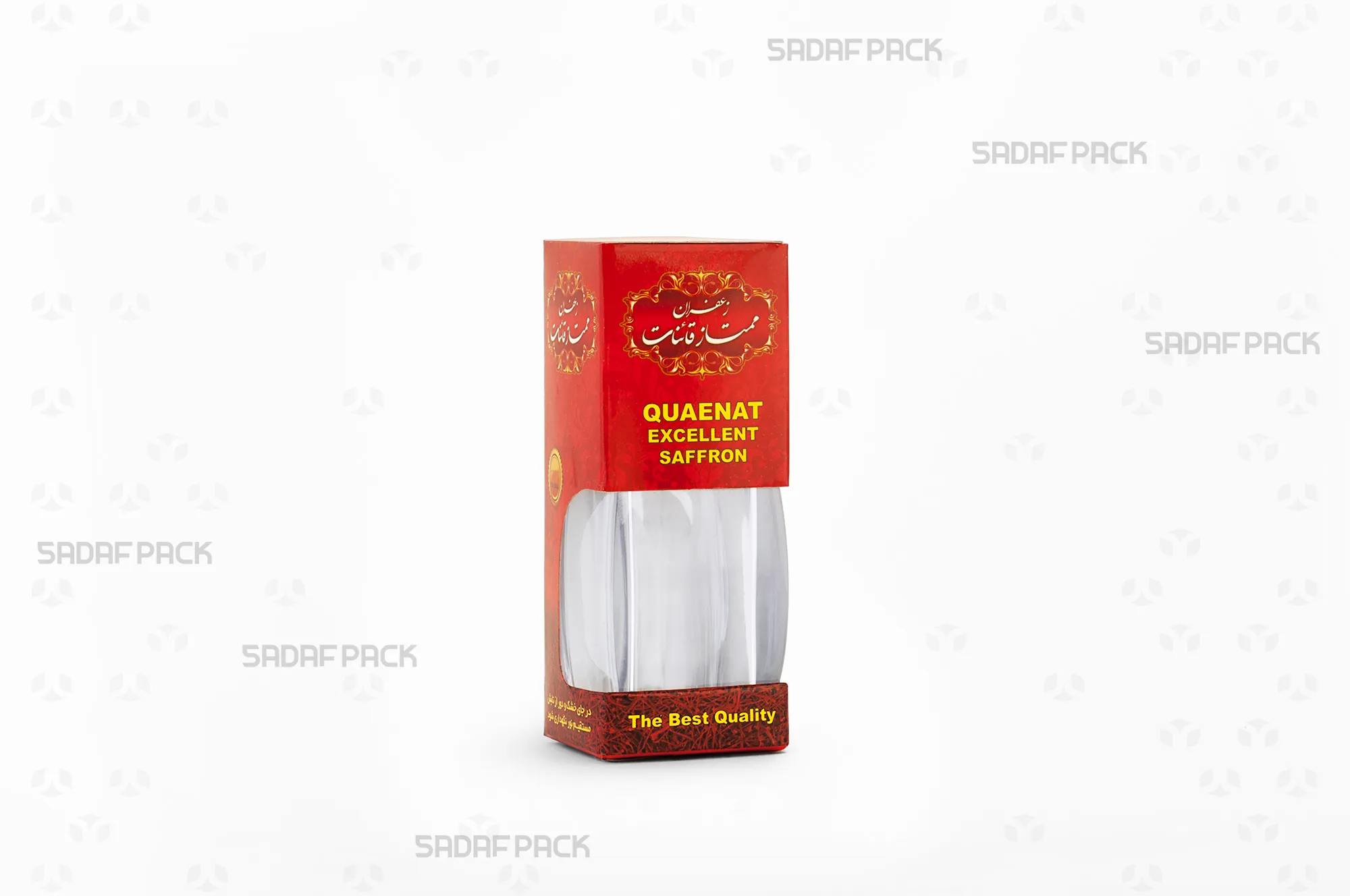 sadafpack-boxe-moghavayi-ghermez-ghooti-keristal-azin-motevasset-ba-ghooti-zaferan.webp باکس مقوایی قرمز قوطی کریستالی آذین متوسط صدف پک با پنجره شفاف و قوطی کریستالی آذین متوسط برای بستهبندی زعفران هدیه صادرات و سوغات