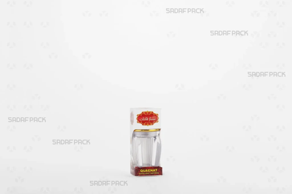 باکس مقوایی قرمز قوطی کریستالی گوهر نقلی صدف پک با پنجره شفاف و قوطی کریستالی گوهر نقلی برای بسته‌بندی زعفران هدیه صادرات و سوغات