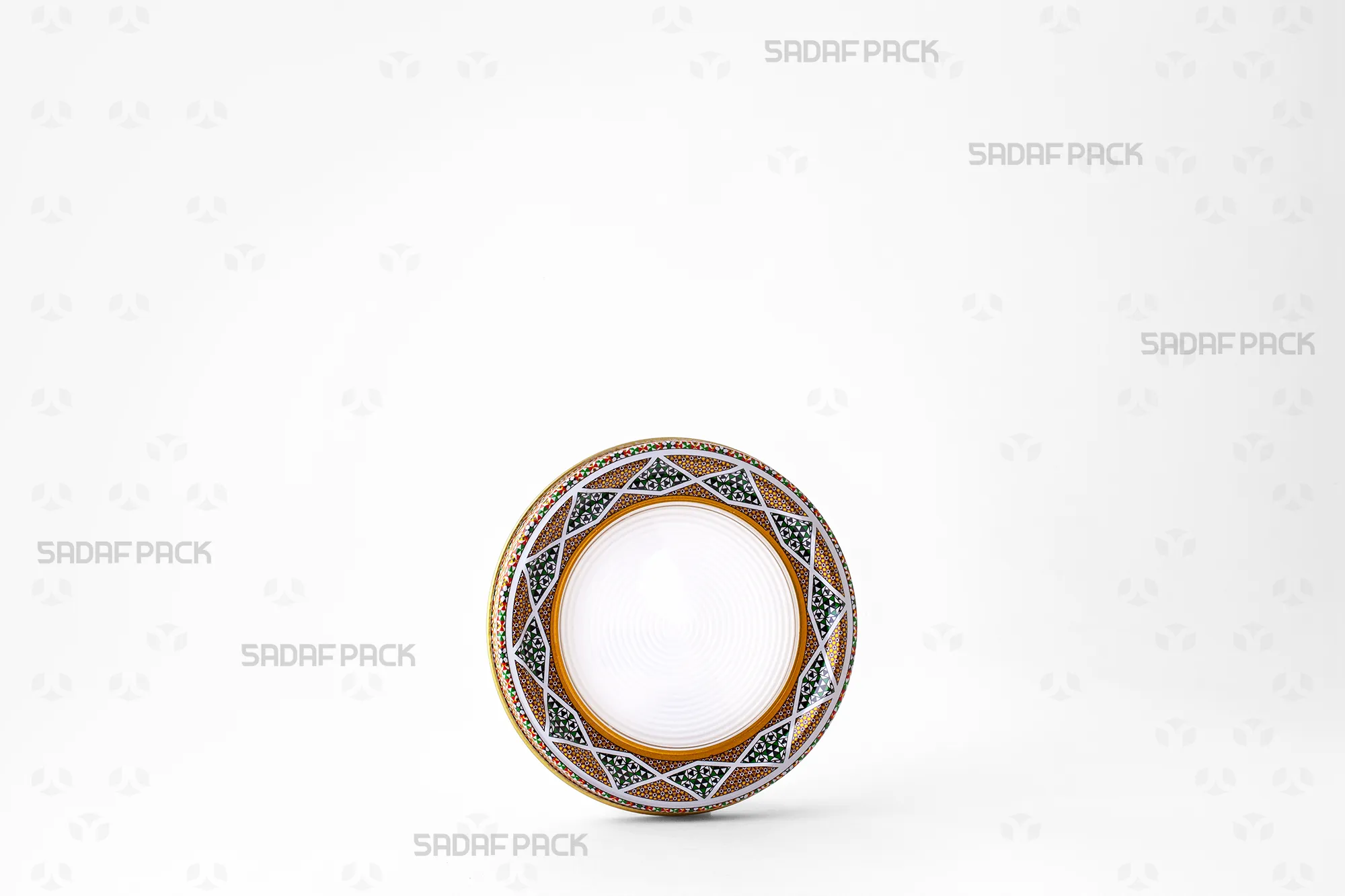 sadafpack-ghooti-felezi-espania-12-kaf-saf.webp نمای سهرخ قوطی 12 فلزی اسپانیا کف صاف صدف پک، طراحی شده برای بستهبندی زعفران و خشکبار