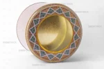 قوطی فلزی استوانه‌ای با قطر 23 و ارتفاع 17 سانتی‌متر برای بسته‌بندی زعفران و خشکبار صادراتی برند صدف پک