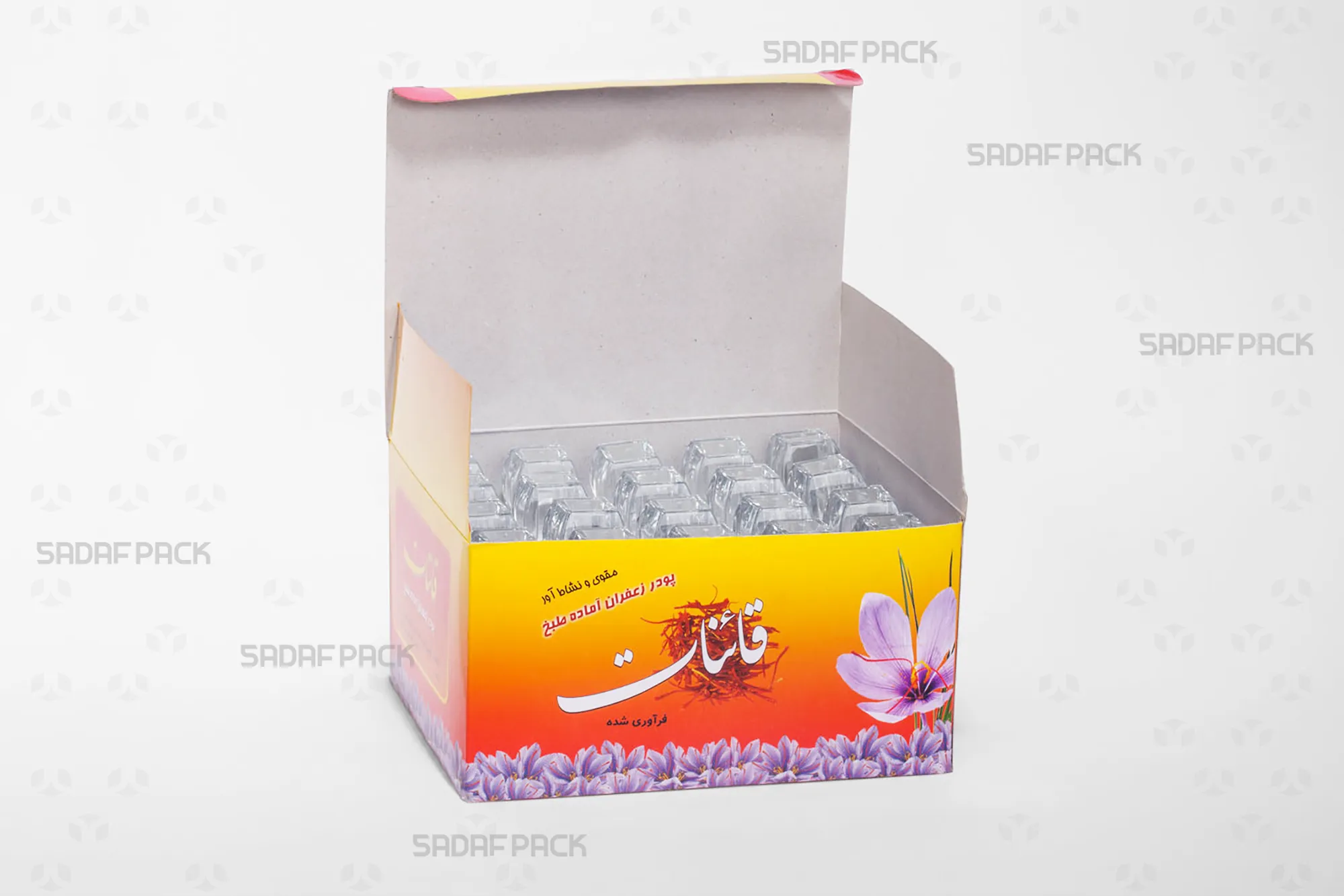 sadafpack-jabe-madar-moghavayi-20-adadi-azin-koochak-baz.webp جعبه مادر مقوایی 20 عددی آذین کوچک صدف پک با درب باز و 20 عدد قوطی آذین کوچک در داخل برای بستهبندی پک عمده فروشی و صادرات