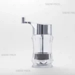 نمای روبروی زعفران ساب کریستالی مدل صدف صدف پک، با بدنه شفاف برای مشاهده محتویات، کلاهک و دسته فلزی با روکش کروم، و مکانیزم چرخشی برای سابیدن یکنواخت زعفران